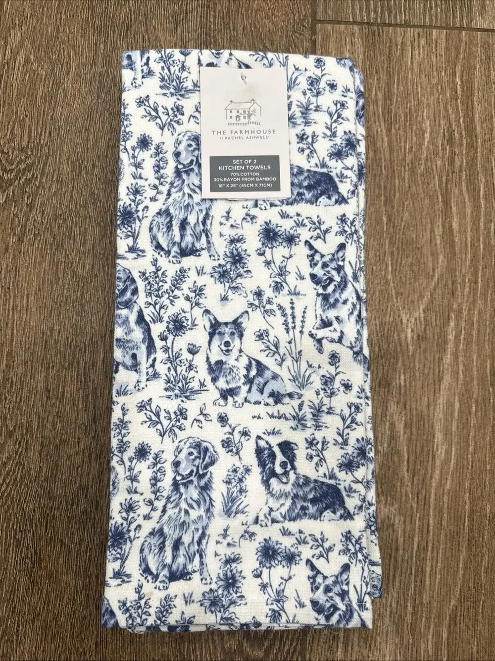 TWO Blue & White Dogs Toile Kitchen Towels Cotton Blend CORGI Shepherd Retriever